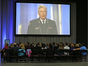 Fire Chief Ken Blocks speaks to the Be a Part of the Bigger Picture mental-health awareness event Saturday at the Expo Centre.