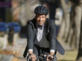 David Shepherd, MLA for Edmonton Centre, is an avid cyclist but doesn't let that stop him from dressing up.
