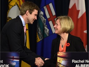 Alberta Premier Rachel Notley and New Brunswick Premier Brian Gallant speak to media at the Provincial Legislature in Edmonton on Thursday Oct. 29, 2015.