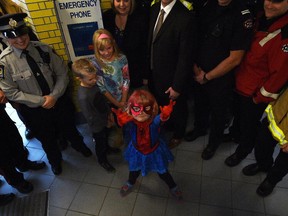 Spider Mable poses in a transit station at the U of A