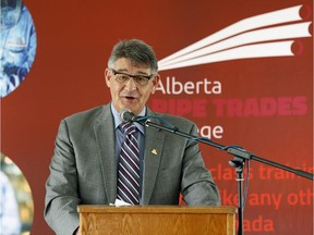 Larry Matuchuk of The United Association of Plumbers and Pipefitters Local Union 488 , speaks Wednesday in Edmonton at the grand opening of the union's new training centre.