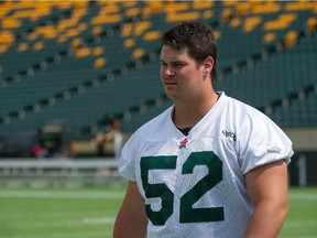 Alexander Krausnick participates in an Edmonton Eskimos pre-game walkthrough at Commonwealth Stadium on July 8, 2015.