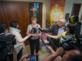 Edmonton Catholic school board chair Debbie Engel speaks to media in Edmonton on May 14, 2015.