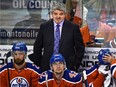 Edmonton Oilers head coach Todd McLellan is pictured on the bench during his team's NHL season home opener against the St. Louis Blues  at Rexall Place on Oct. 15, 2015.
