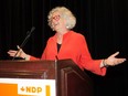 NDP MP Linda Duncan speaks to supporters at the Sutton Hotel after keeping her riding of Edmonton Strathcona in the federal election on Oct. 19, 2015.