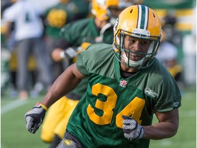 Edmonton Eskimos defensive back Ryan Hinds, who is coming off the six-game injured list this weekend, may play defensive halfback in place of the injured Aaron Grymes in Saturday's CFL game against the Saskatchewan Roughriders.