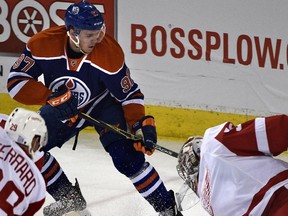 Edmonton Oilers Connor McDavid (97) couldn't get the puck past Detroit Red Wings goalie Petr Mrazek (34) in the first period at Rexall Place on Oct. 22, 2015, but scored one of the Oilers' three goals in the second period. The Oilers beat the Red Wings 3-1.