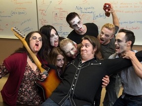 Members of the Fuzz Kings band hamming it up with cast members of Prom Night of the Living Dead, at the University of Alberta.