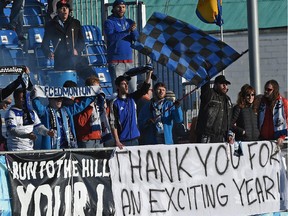 Fans thank FC Edmonton during the final game of the season against Jacksonville Armada at Clarke Stadium on Oct. 25, 2015.