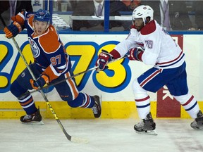 Connor McDavid (97) and P.K. Subban (76) as the Edmonton Oilers play the Montreal Canadiens at Rexall place in Edmonton, October 29, 2015.