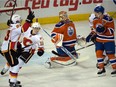 Calgary celebrates a goal as the Edmonton Oilers play the Calgary Flames at Rexall Place in Edmonton, Oct. 31, 2015. The Flames won 5-4.