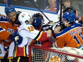 It looks like the battle of Alberta as the Edmonton Oilers play the Calgary Flames at Rexall Place in Edmonton, Oct. 31, 2015.