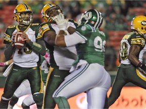 Edmonton Eskimos quarterback Mike Reilly in action against the Saskatchewan Roughriders on Oct. 24, 2015, at Regina; the Eskimos have won seven in a row since Reilly's return from injury.