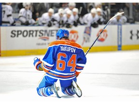 Nail Yakupov of the Edmonton Oilers celebrates his game tying goal in the dying seconds against the Los Angeles Kings at Rexall Place in Edmonton on January 24, 2013.