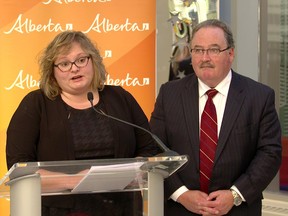 Alberta health minister Sarah Hoffman and infrastructure minister Brian Mason talk to the media at Stollery Children's Hospital in Edmonton about investments in health capital projects across Alberta as part of the province's budget on Oct. 28, 2015.