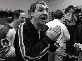 Coach Tom McVie celebrates the Winnipeg Jets' third Avco Cup championship in the final year of the World Hockey Association in May 1979. Now 80, McVie is still in the game, scouting for the Boston Bruins.