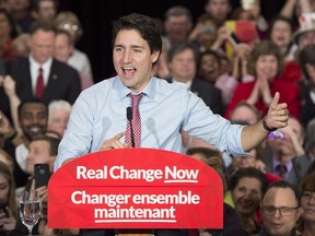 Prime minister-designate Justin Trudeau speaks to supporters at a rally in Ottawa on Oct. 20, 2015, following the federal election.
