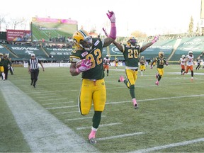 Edmonton Eskimos kick-returner Kendial Lawrence tries to stay in bounds along the sidelines against the B.C. Lions in a CFL game at Commonwealth Stadium on Oct. 17, 2015.