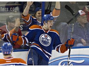 Edmonton Oilers' Leon Draisaitl (29) celebrates the game winning goal against the Montreal Canadiens during third period NHL action in Edmonton, Alta., on Thursday October 29, 2015.