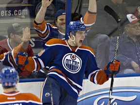 Oiler Leon Draisaitl celebrates his game-winning goal against the Montreal Canadiens in Edmonton on Oct. 29, 2015.