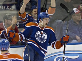 Edmonton Oilers' Leon Draisaitl celebrates the game-winning goal against the Montreal Canadiens during late third-period NHL action in Edmonton, Alta., on Thursday. October 29, 2015.