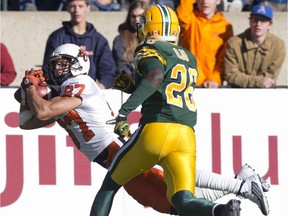 Edmonton Eskimos cornerback John Ojo couldn't prevent B.C. Lions' Marco Iannuzzi from making this catch in CFL action at Commonwealth Stadium on Sept. 26, 2015.