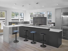 Teardrop-shaped, pendant LED lighting in the kitchen resembles large, old-fashioned lightbulbs.