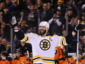 BOSTON, MA - MARCH 07:  Zdeno Chara #33 of the Boston Bruins celebrates after scoring a goal against the Philadelphia Flyers during the first period at TD Garden on March 7, 2015 in Boston, Massachusetts.
