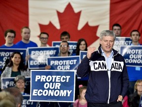 Conservative Leader Stephen Harper speaks at a rally during a campaign stop in Bay Robert's, N.L., on Oct. 3, 2015.