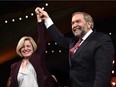 Premier Rachel Notley introduced federal NDP leader Thomas Mulcair on stage at a rally at the Shaw Conference Centre in Edmonton on Oct. 17, 2015.