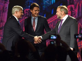 From left, Tory Leader Stephen Harper, Liberal Leader Justin Trudeau and NDP Leader Tom Mulcair prior to the Globe and Mail-hosted leaders' debate in Calgary on Sept. 17, 2015.