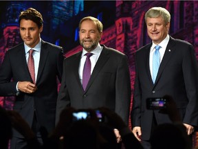 From left to right, Liberal Leader Justin Trudeau, NDP Leader Tom Mulcair and Conservative Leader Stephen Harper.