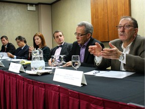 The panelists on the Edmonton edition of FACTS (French Ameri-Can Climate Talks) gave snippets of their presentations to media Thursday. The panels in several North American cities are preludes to the COP 21 Paris Climate conference. From left: Simon Dyer, Emilson Silva, Kate White, Jean-Christophe Fleury, Robert Skinner and Eddy Issacs.