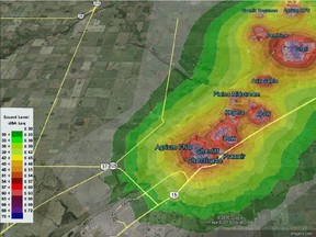 Screen capture from Google Earth program showing typical noise outputs from industrial facilities in Alberta's Industrial Heartland.