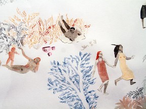 Detail of Sarah Burwash's In Stride, watercolour and collage‚ part of her show Sweet Smelling Ashes at Latitude 53 through Nov. 14.