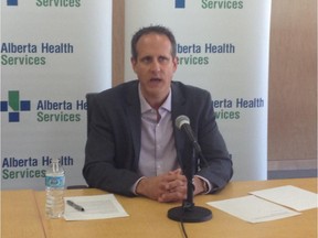 Mauro Chies, Chief Program Officer, Clinical Support Services at Alberta Health Services addresses reporters in Edmonton about a temporary shutdown of the AHS cyclotron.