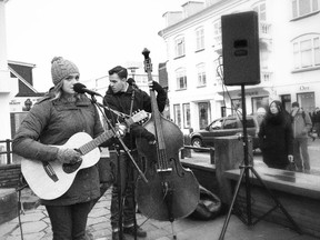 Steph Blais, left, and Paul Cournoyer of Edmonton's Post Script performing in downtown Reykjavik, Iceland