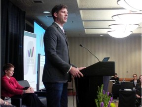 Mayor Don Iveson speaks to the city's conference on women and leadership, urging more women to run for city council and more men to stand up against violence against women.