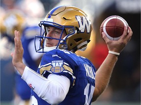 Winnipeg Blue Bombers QB Matt Nichols throws in warmup before facing the Saskatchewan Roughriders during the Banjo Bowl at Investors Group Field in Winnipeg on Sept. 12, 2015.