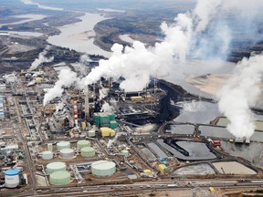 An aerial view shows the Suncor oilsands extraction facility near Fort McMurray.