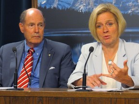 Former Bank of Canada governor David Dodge and Alberta Premier Rachel Notley announce to reporters at the legislature Friday, June 19, 2015 that Dodge has been hired to advise the province on its infrastructure plan.