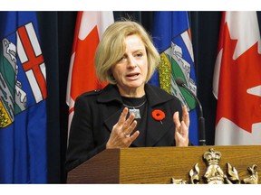 Alberta Premier Rachel Notley speaks about the Keystone XL decision at a press conference at the Alberta legislature in Edmonton on Friday, Nov. 6, 2015.