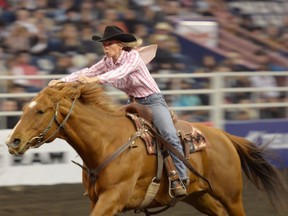 Nancy Csabay, pictured in the 2012 CFR barrel racing competition, is the season leader going into the 2015 event.