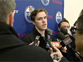 Edmonton Oilers Connor McDavid, in a file photo, talked to reporters in Toronto where the Oilers will play the Maple Leafs on Nov. 30, 2015.