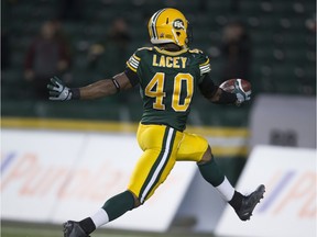 Deon Lacey of the Edmonton Eskimos celebrates a touchdown after recovering a fumble during the West Division final against the Calgary Stampeders at Commonwealth Stadium on Nov. 22, 2015. The play was called back because of an early official's whistle.