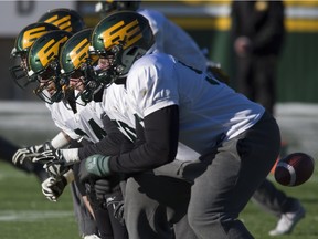 The Edmonton Eskimos offensive line practised this week with teammates as part of a carefully calculated schedule built by coaching staff to deal with a rare break of nearly three weeks between games.