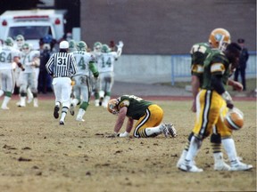 This file photo of the CFL's Western Division final in 1989 shows the underdog Saskatchewan Roughriders celebrating and the 16-2 Edmonton Eskimos' extreme disappointment.