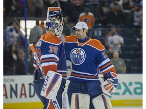Edmonton Oilers goalies Anders Nilsson, left, and Cam Talbot at Rexall Place in November 2015.