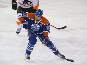 Matt Hendricks  of the Edmonton Oilers, plays against the Philadelphia Flyers at Rexall Place in Edmonton.