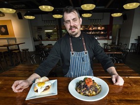Daravara owner Shane Loiselle with the Dirty Burger and Brisket Hash, two generous portions of brunch goodness on the pub's menu.